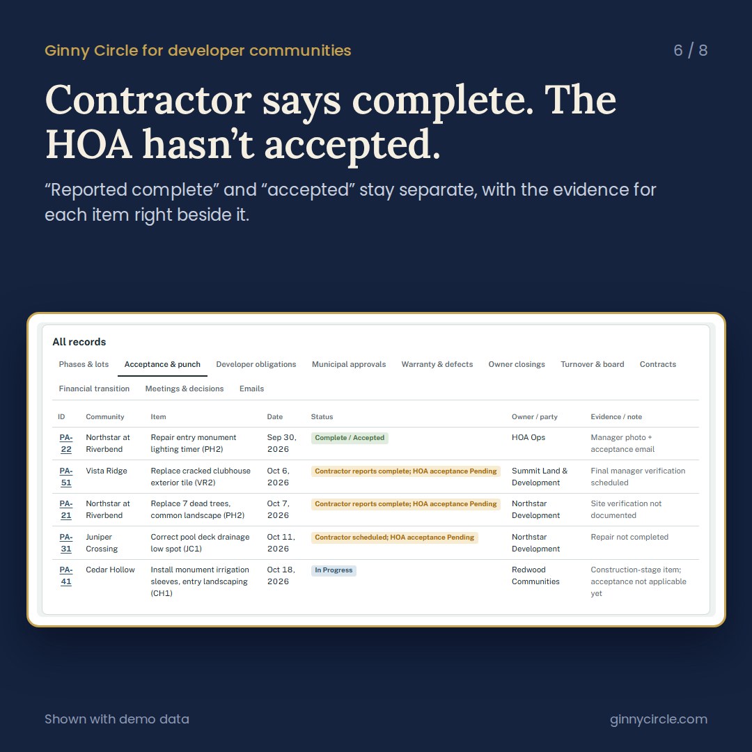 Contractor says complete. The HOA hasn't accepted — reported complete and accepted kept separate