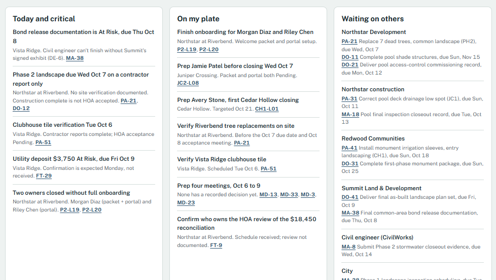 Developer Portfolio view with Today and critical, On my plate and Waiting on others columns