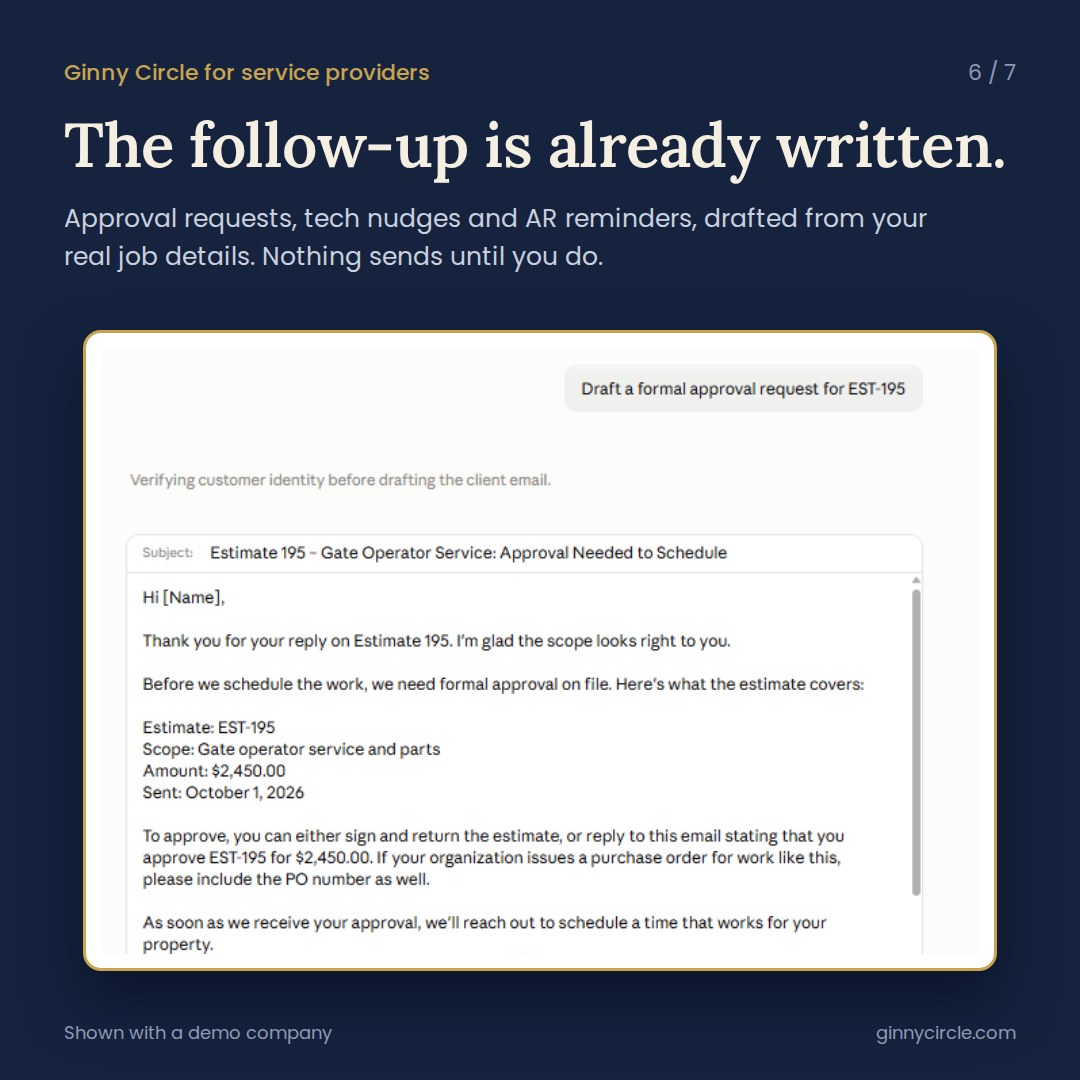 The follow-up is already written — approval requests drafted, nothing sends until you do