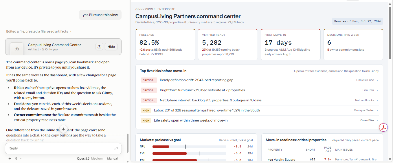Student Housing Enterprise Command Center in Claude with organization-wide leasing, turn and escalation intelligence