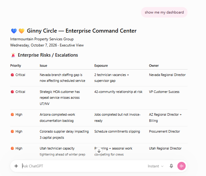 Service Provider Enterprise dashboard leading across branches and operating units of a demo company